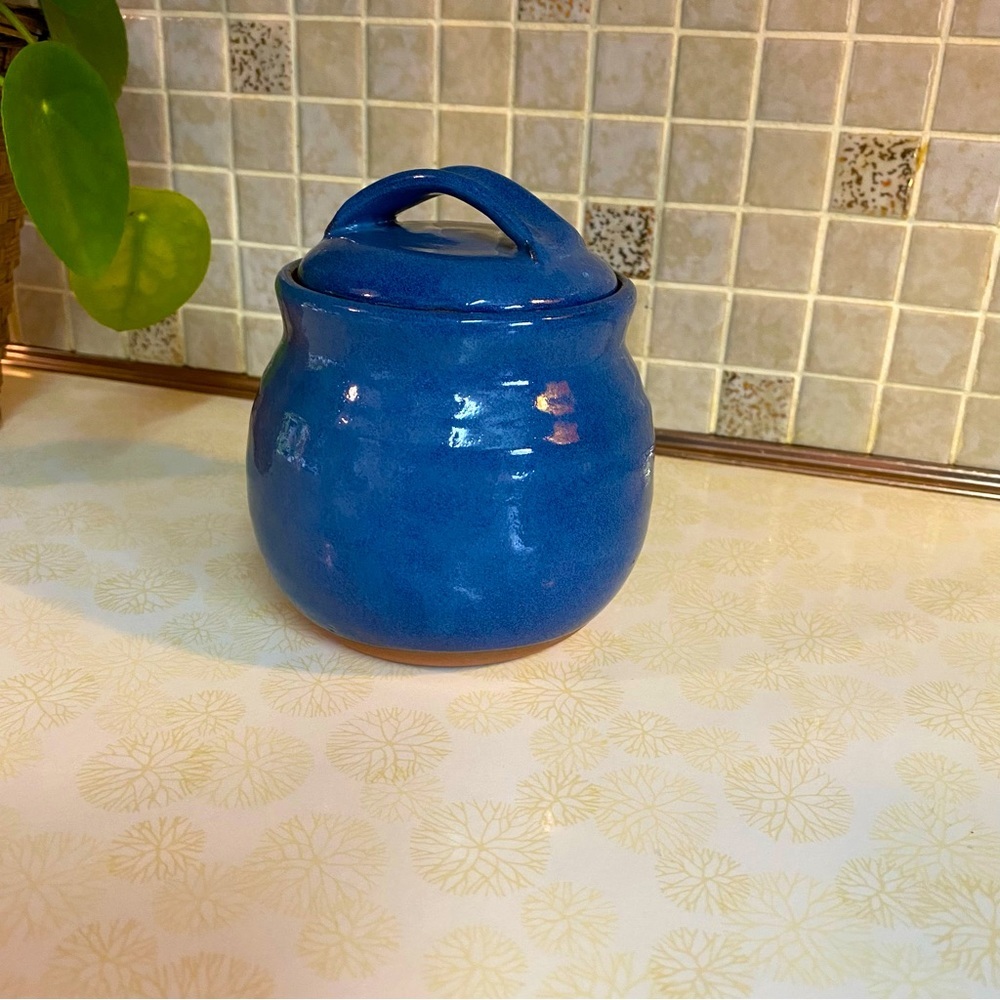 Vintage Signed Pottery jar with lid blue glaze
